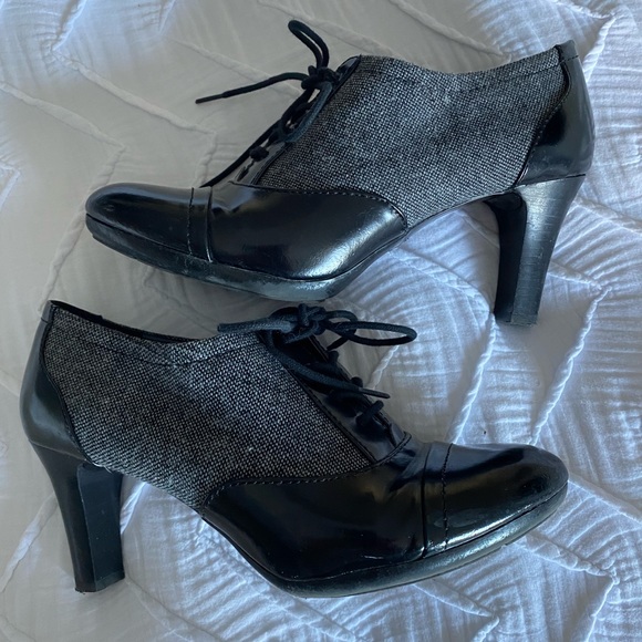 Black & White Tweed with Faux Leather Booties/Heels - Picture 1 of 4